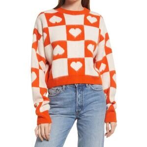 Topshop Womens Heart Check Crop Sweater Orange Cream Valentine's Day Novelty 4 6